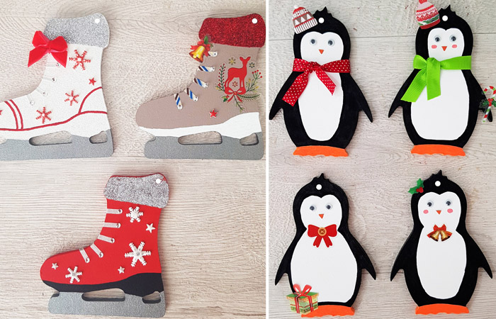 une décoration noel vintage avec les patins à glace et pingouins en bois